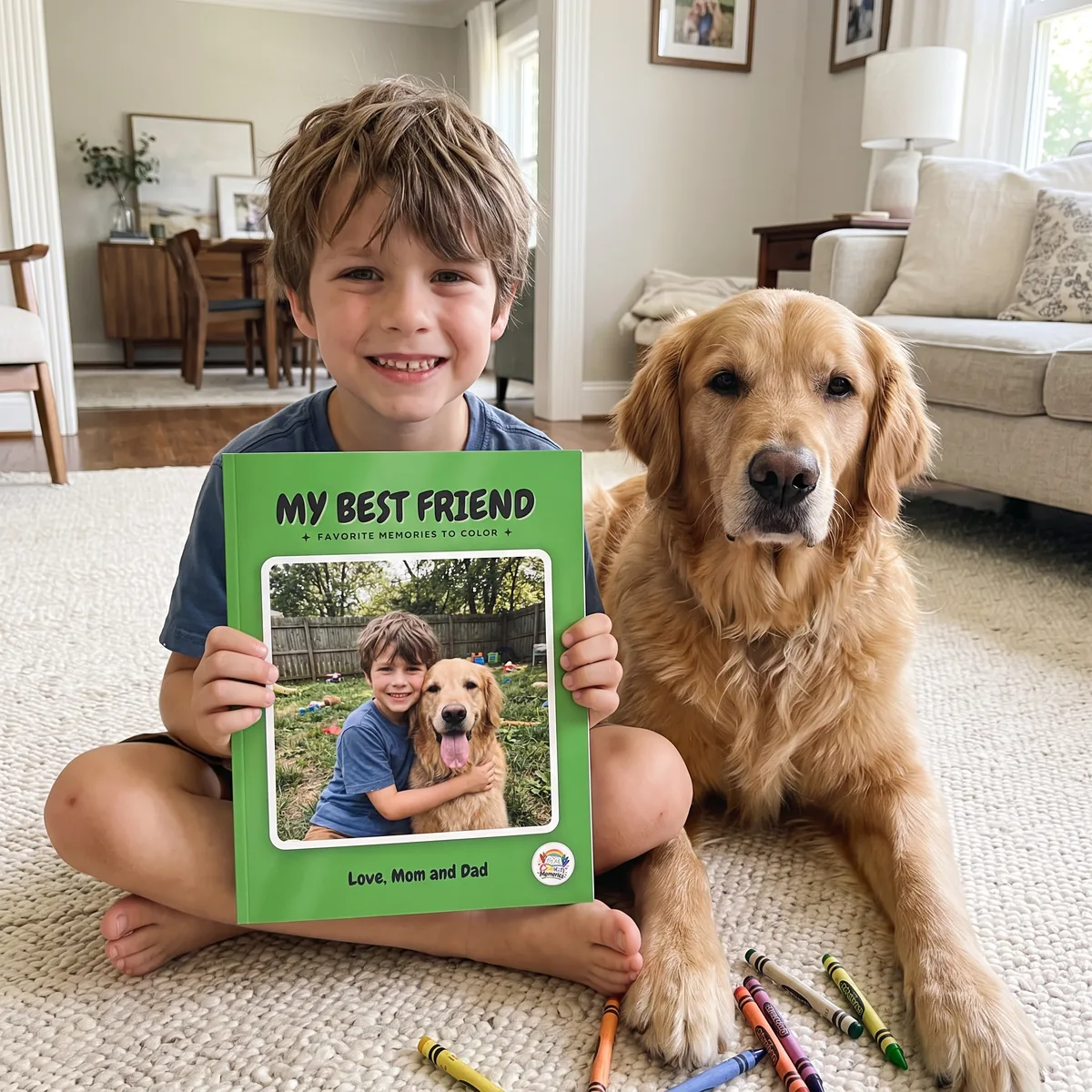 A boy sitting beside his golden retriever, holding up a coloring book with the two of them on the cover